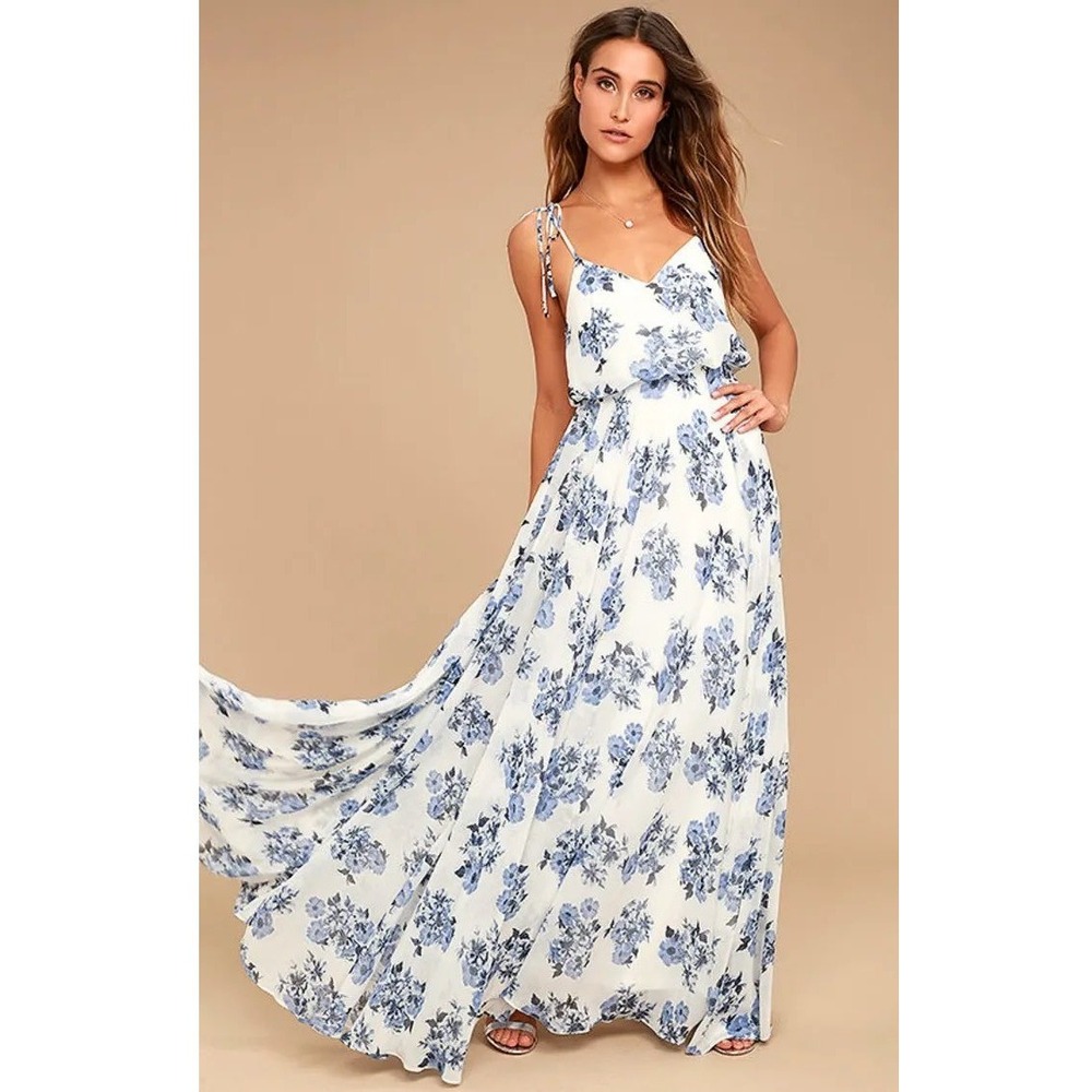 Lulus Pollen for You Maxi Dress Women Small Blue White Floral Chiffon Wedding